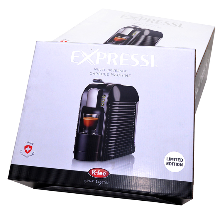 Coffee machine packaging in colored cardboard boxes