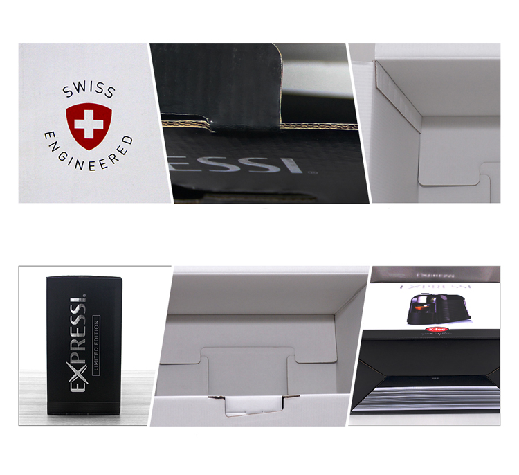 Coffee machine packaging in colored cardboard boxes